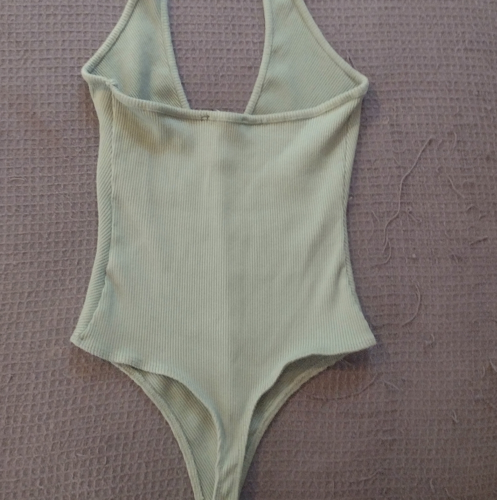 Lulu's Sage Green Ribbed Halter Bodysuit - Picture 2 of 6